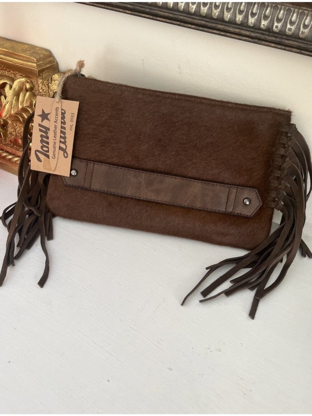 Tony Lama Womens Leather Clutch Bag Brown Fringe Animal Hide NWT